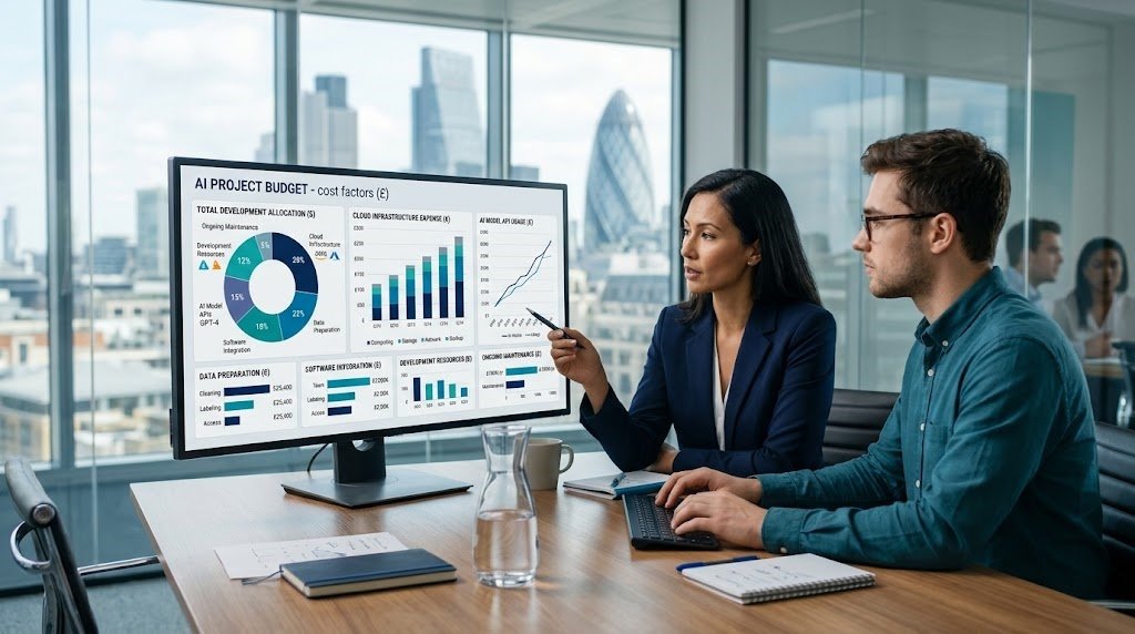 AI Development costs for UK businesses showing budgeting for AI models, cloud infrastructure, software integration and maintenance.