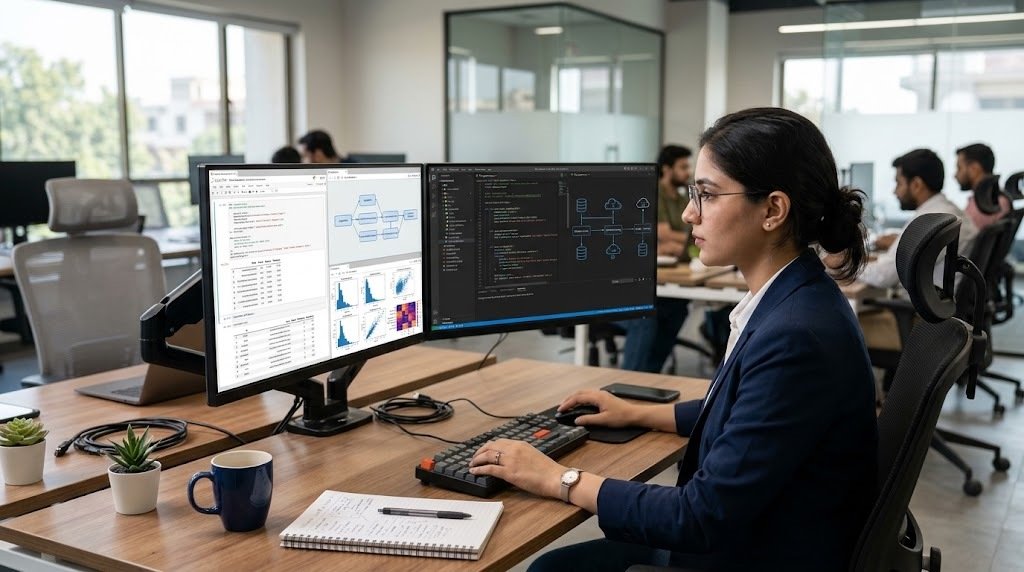 AI development data preparation with structured datasets and machine learning workflows on computer screens.