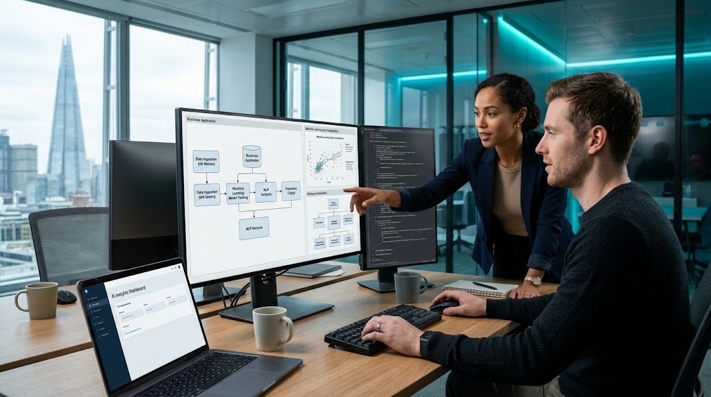 AI Development for UK Businesses showing software developers collaborating on an AI-powered business application in a modern office.