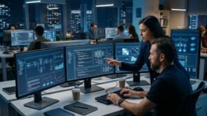 AI development process showing planning, data preparation, model development, testing and deployment.
