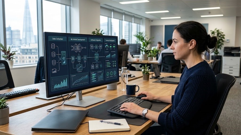 AI Development process for UK businesses showing data analysis, machine learning, software integration and performance monitoring.
