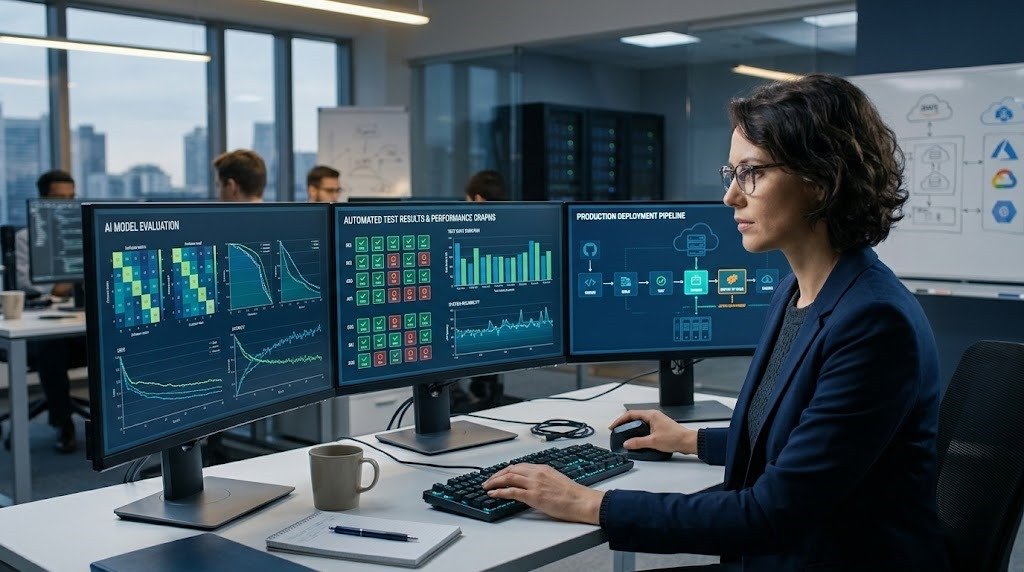 AI development testing and deployment with model evaluation dashboards and performance monitoring.